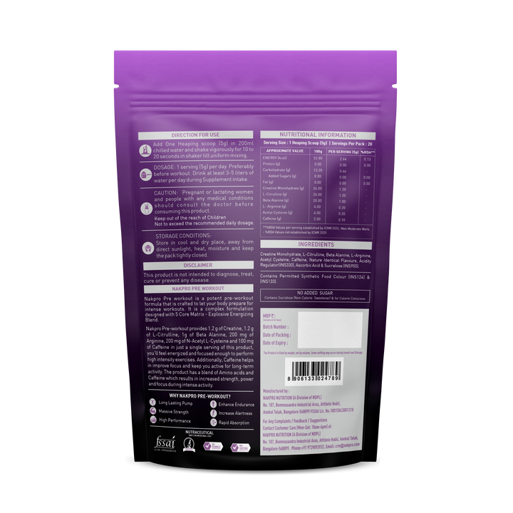 Preworkout nutritional information