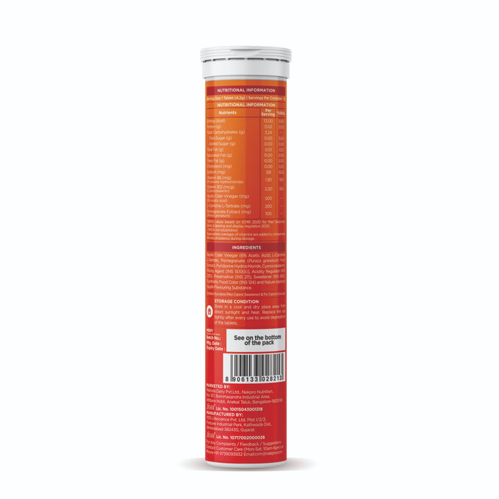 Nutritional label and ingredient list on a cylindrical container, featuring vibrant orange colors and detailed information on contents and storage.