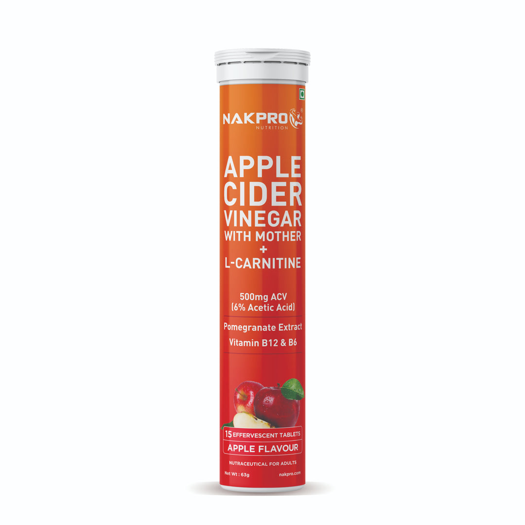 A cylindrical container labeled "Nakpro Nutrition Apple Cider Vinegar with Mother + L-Carnitine" in apple flavor, containing 15 effervescent tablets. .