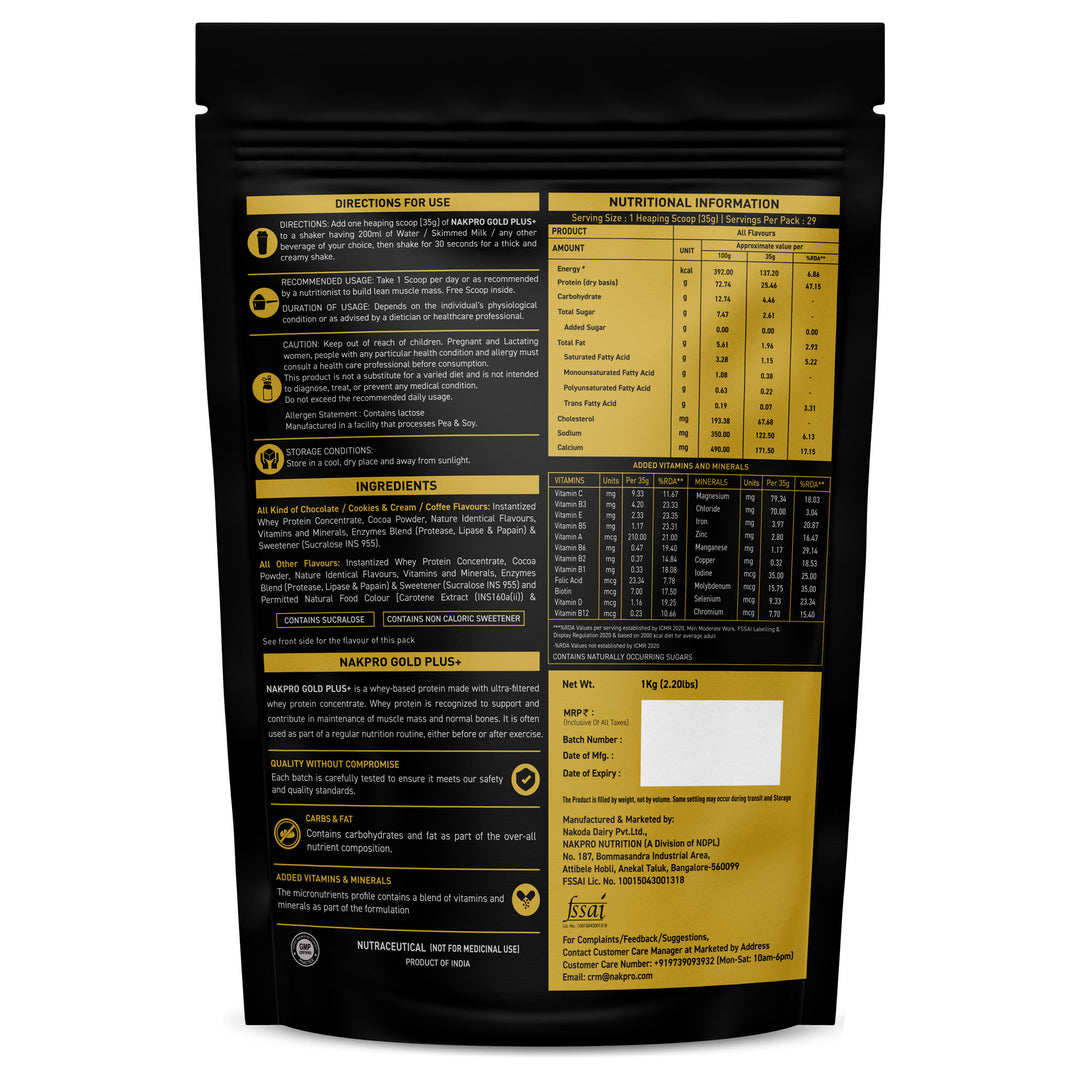 Nakpro Gold Plus+ Whey Protein Concentrate | 73g Protein | Added Digestive Enzymes, Vitamins & Minerals