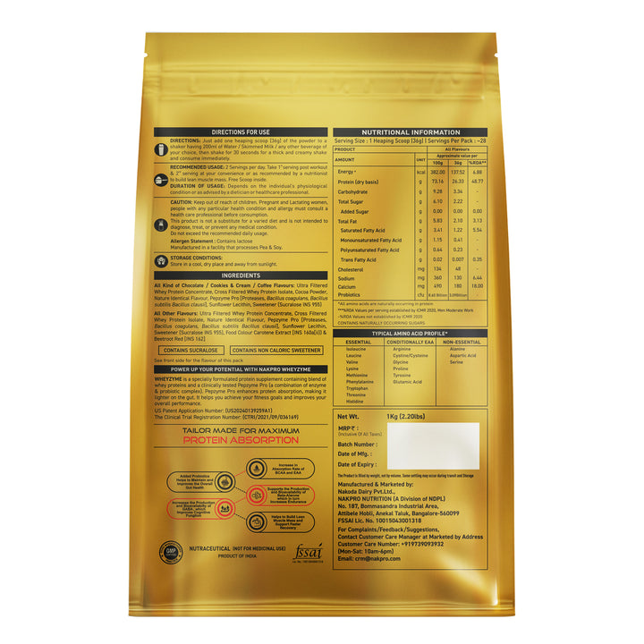 Nakpro Wheyzyme Absorption Whey Protein (Isolate & Concentrate) | 73g Protein | Added Probiotics | Trustified Certified