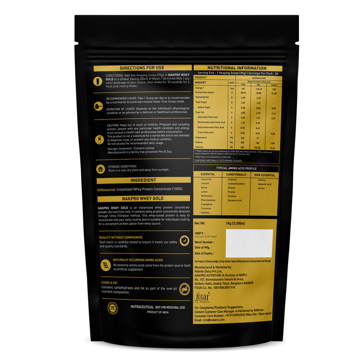Nakpro Whey Gold Protein Concentrate | 80g Protein | Clean Unflavored Whey Protein | Trustified Certified