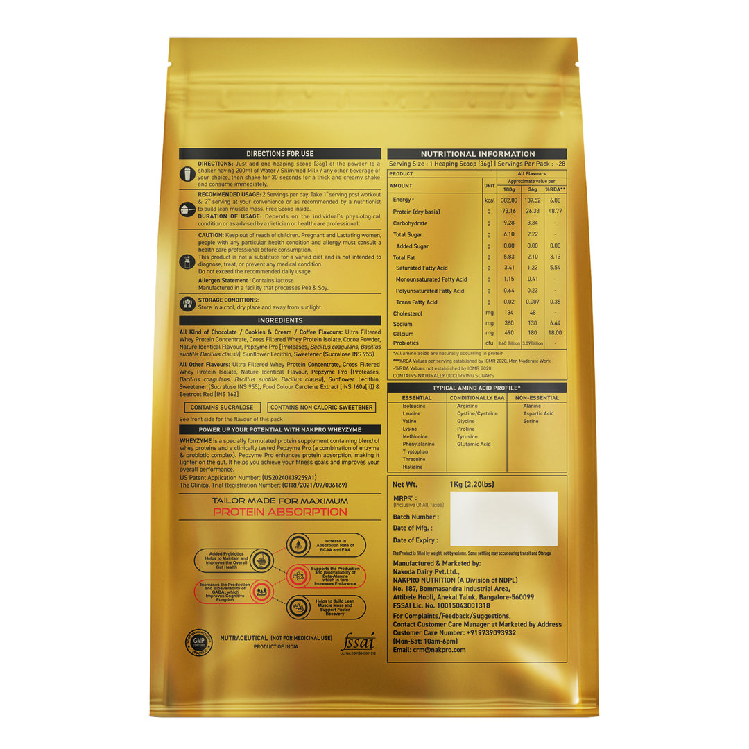 Nakpro Wheyzyme Absorption Whey Protein (Isolate & Concentrate) | 73g Protein | Added Probiotics | Trustified Certified
