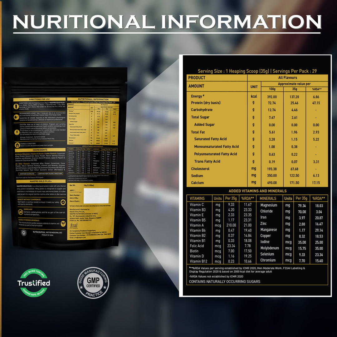 Nakpro Gold Plus+ Whey Protein Concentrate | 73g Protein | Added Digestive Enzymes, Vitamins & Minerals