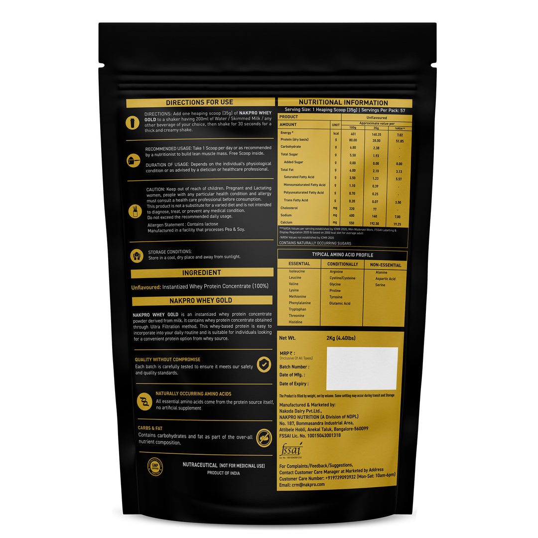 Nakpro Whey Gold Protein Concentrate | 80g Protein | Clean Unflavored Whey Protein | Trustified Certified
