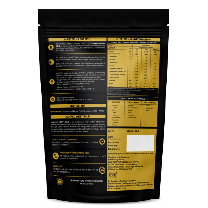 Nakpro Whey Gold Protein Concentrate | 80g Protein | Clean Unflavored Whey Protein | Trustified Certified