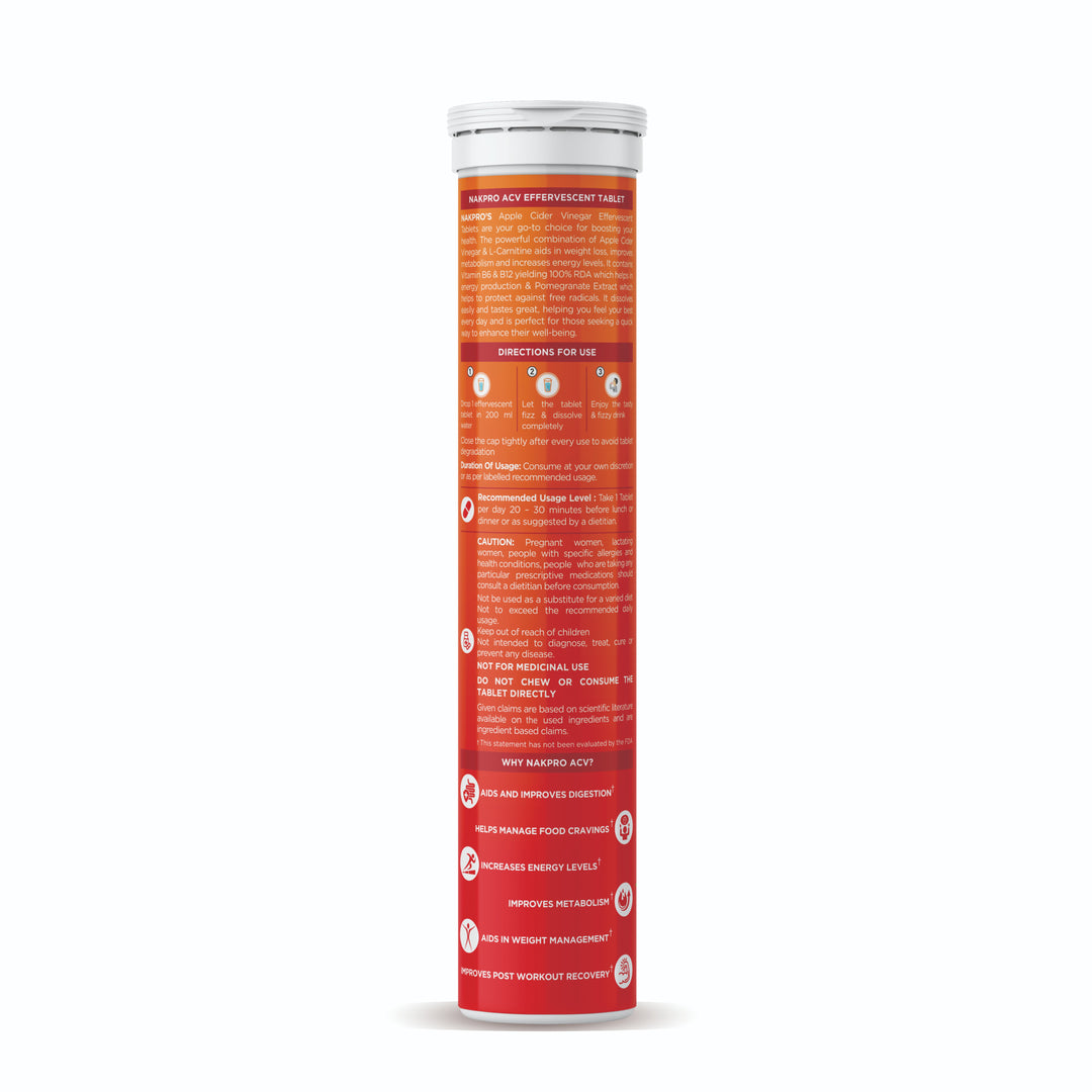 A red cylindrical container of effervescent tablets with text detailing directions, dosage, and benefits like aiding digestion and boosting metabolism.