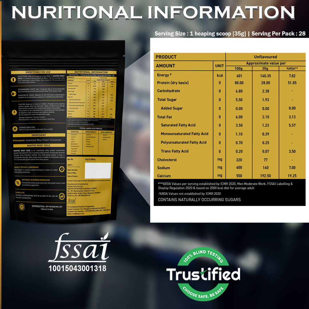Nakpro Whey Gold Protein Concentrate | 80g Protein | Clean Unflavored Whey Protein | Trustified Certified