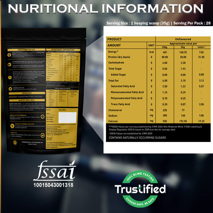 Nakpro Whey Gold Protein Concentrate | 80g Protein | Clean Unflavored Whey Protein | Trustified Certified