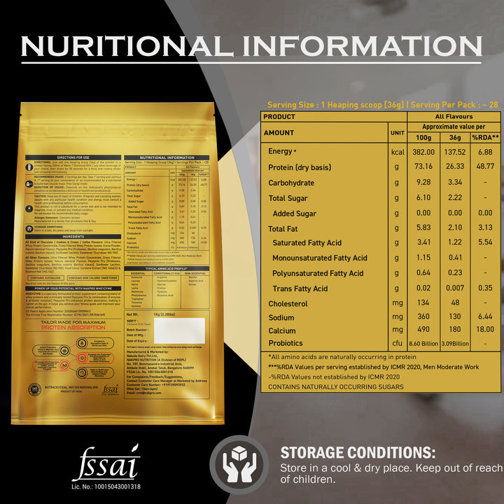 Nakpro Wheyzyme Absorption Whey Protein (Isolate & Concentrate) | 73g Protein | Added Probiotics | Trustified Certified