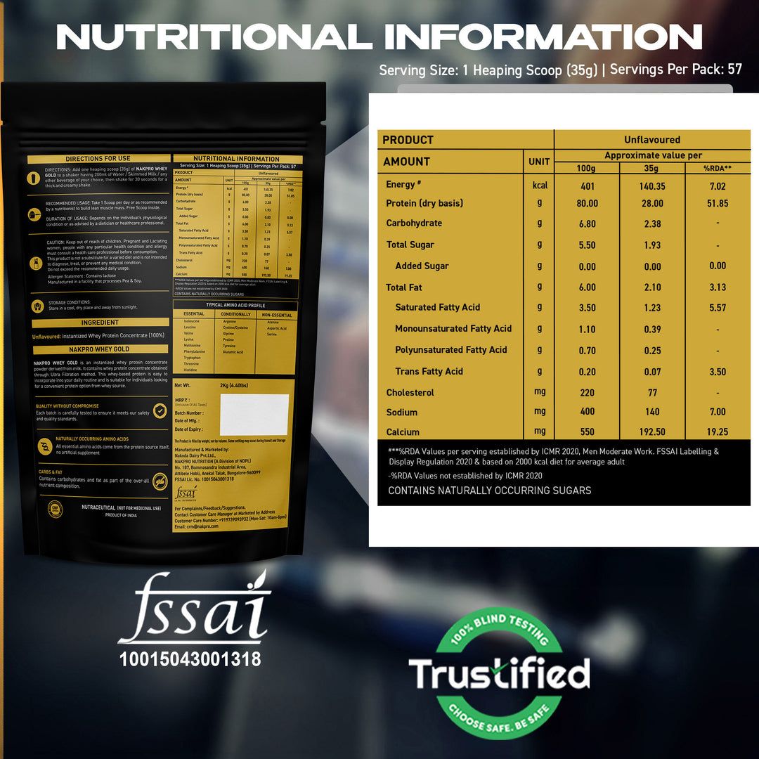 Nakpro Whey Gold Protein Concentrate | 80g Protein | Clean Unflavored Whey Protein | Trustified Certified
