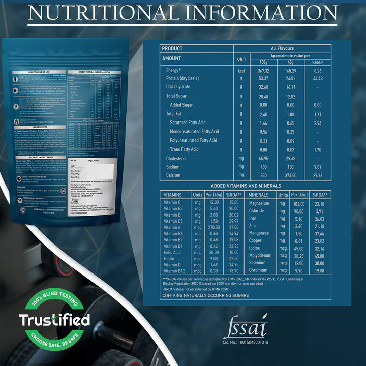 Nakpro Impact Whey Protein | 53g Protein | Whey Isolate & Concentrate Blend | Added Enzymes & Vitamins | Trustified Certified