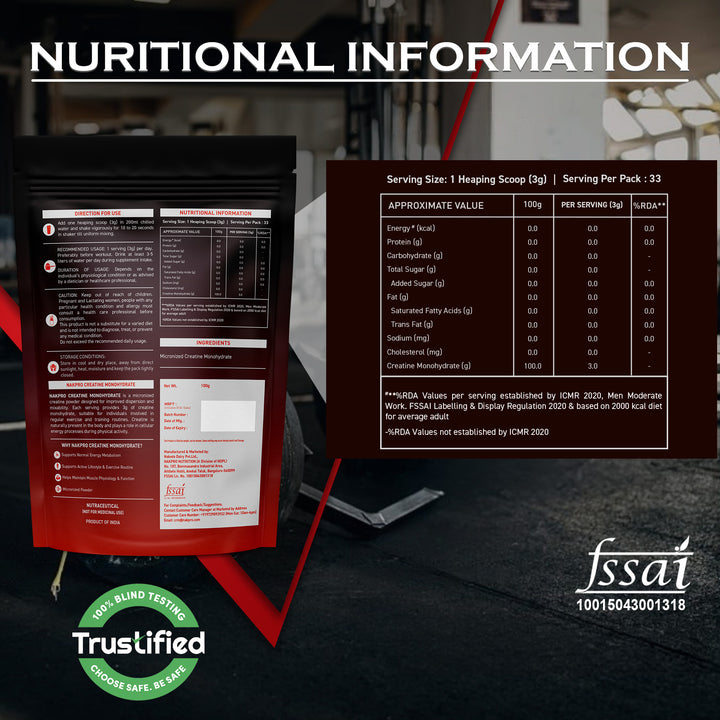 Nakpro Micronized Creatine Monohydrate | Maintenance and Support muscle | Trustified Certified