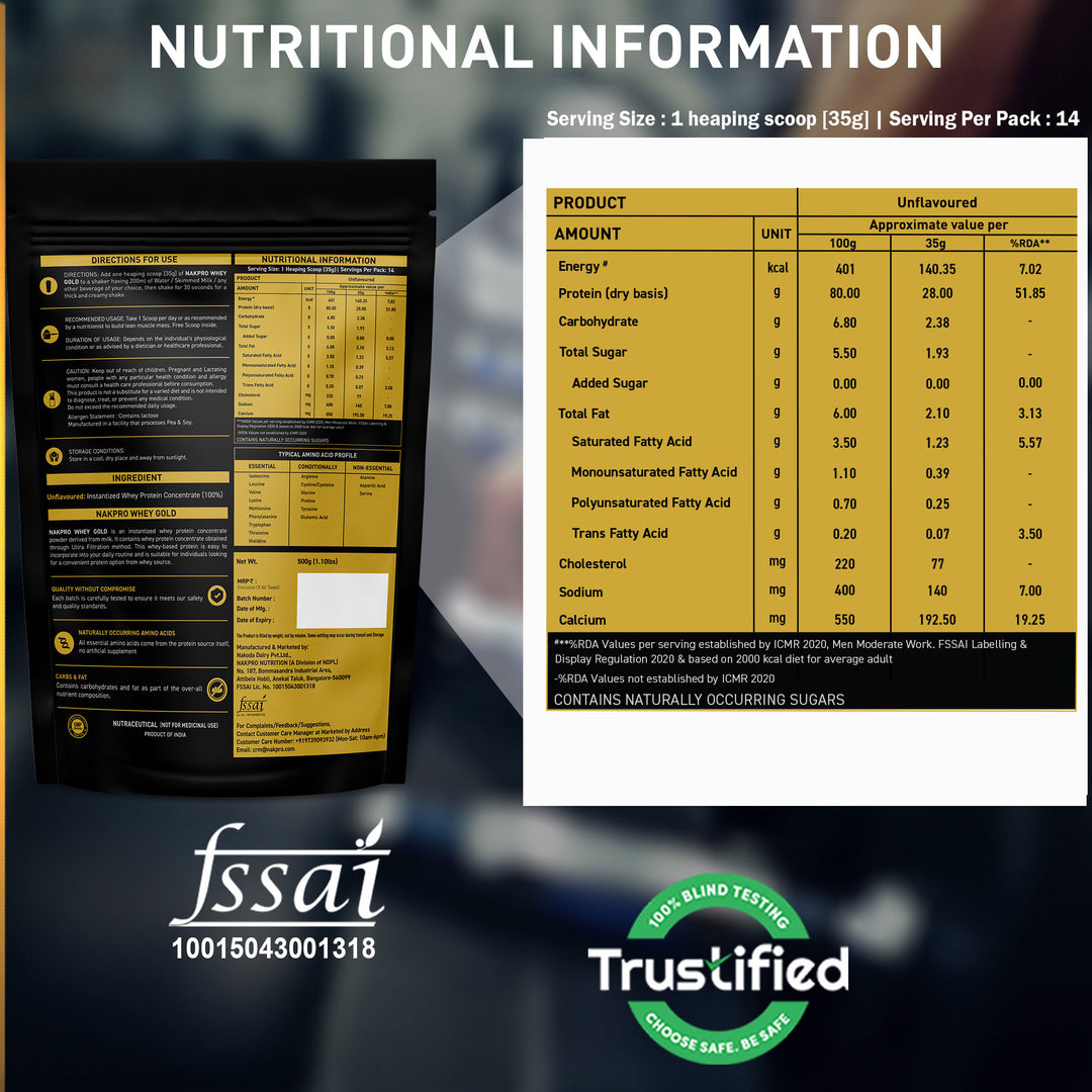 Nakpro Whey Gold Protein Concentrate | 80g Protein | Clean Unflavored Whey Protein | Trustified Certified