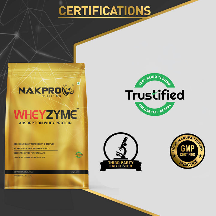 Nakpro Wheyzyme Absorption Whey Protein (Isolate & Concentrate) | 73g Protein | Added Probiotics | Trustified Certified