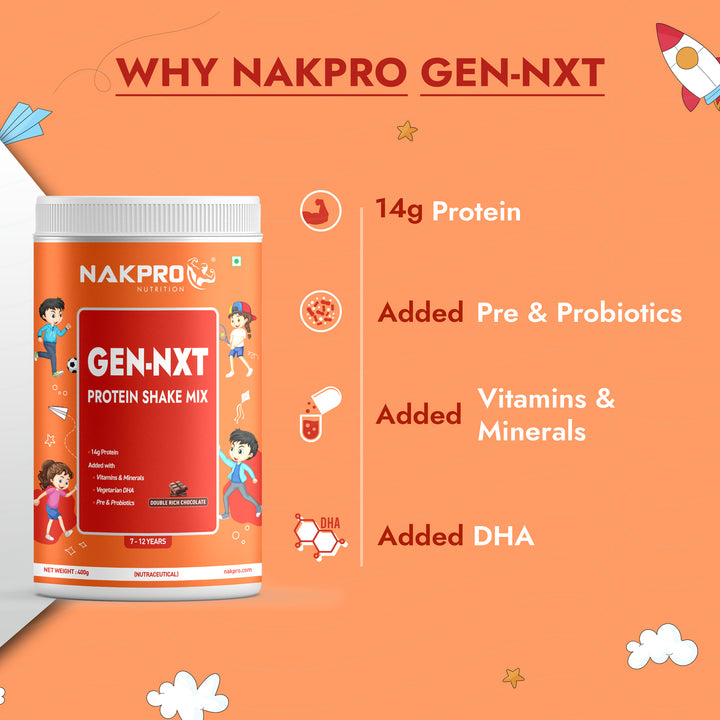 NAKPRO GEN-NXT Protein Shake Mix | 14g Protein, DHA, Vitamins & Minerals