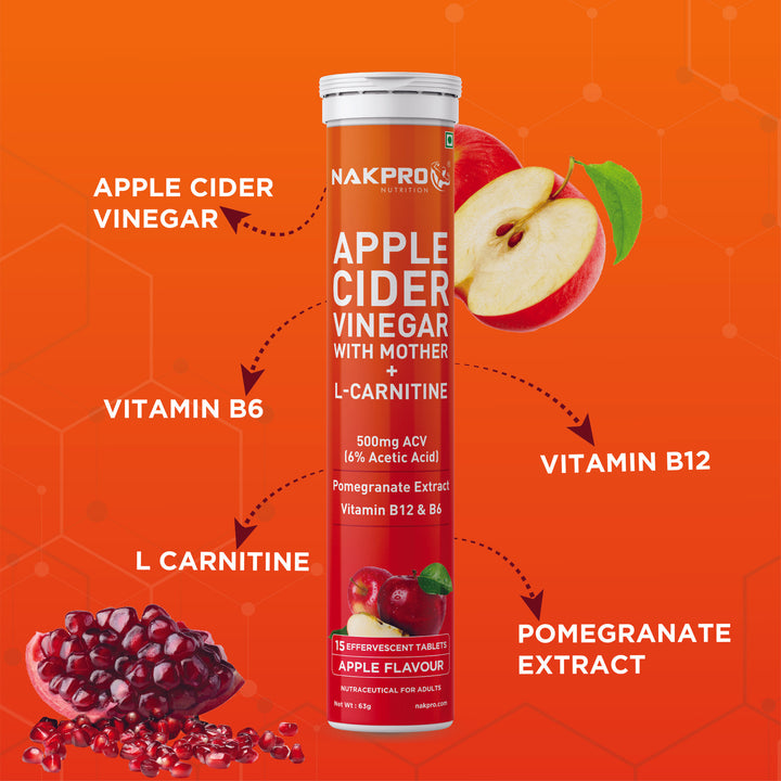 A tube of NakPro Apple Cider Vinegar effervescent tablets with apple and pomegranate graphics, highlighting key ingredients and benefits.