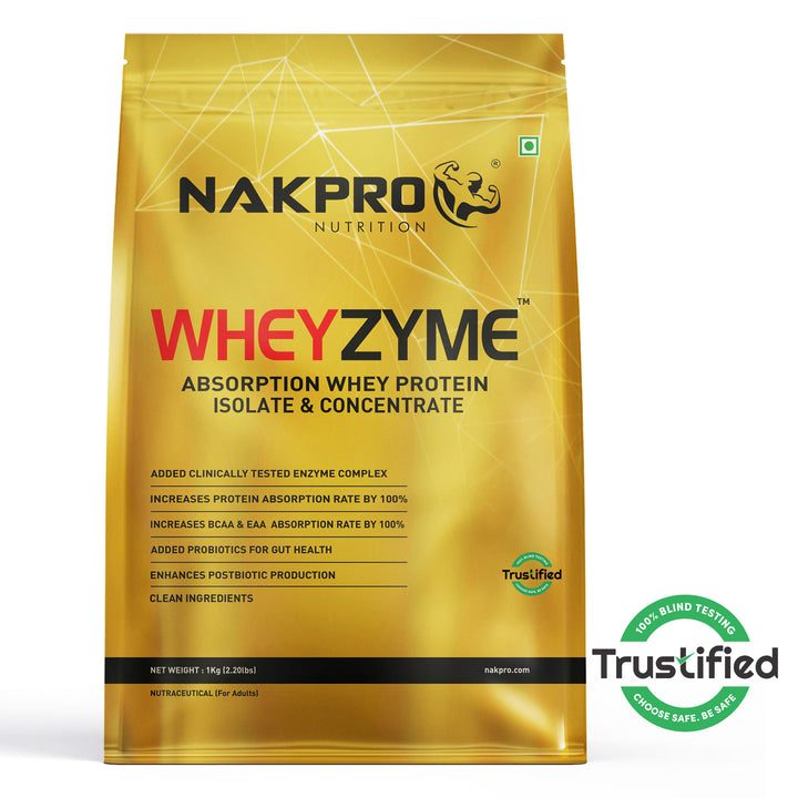 Nakpro Wheyzyme Absorption Whey Protein (Isolate & Concentrate) | 73g Protein | Added Probiotics | Supports Postbiotic Production | Trustified Certified